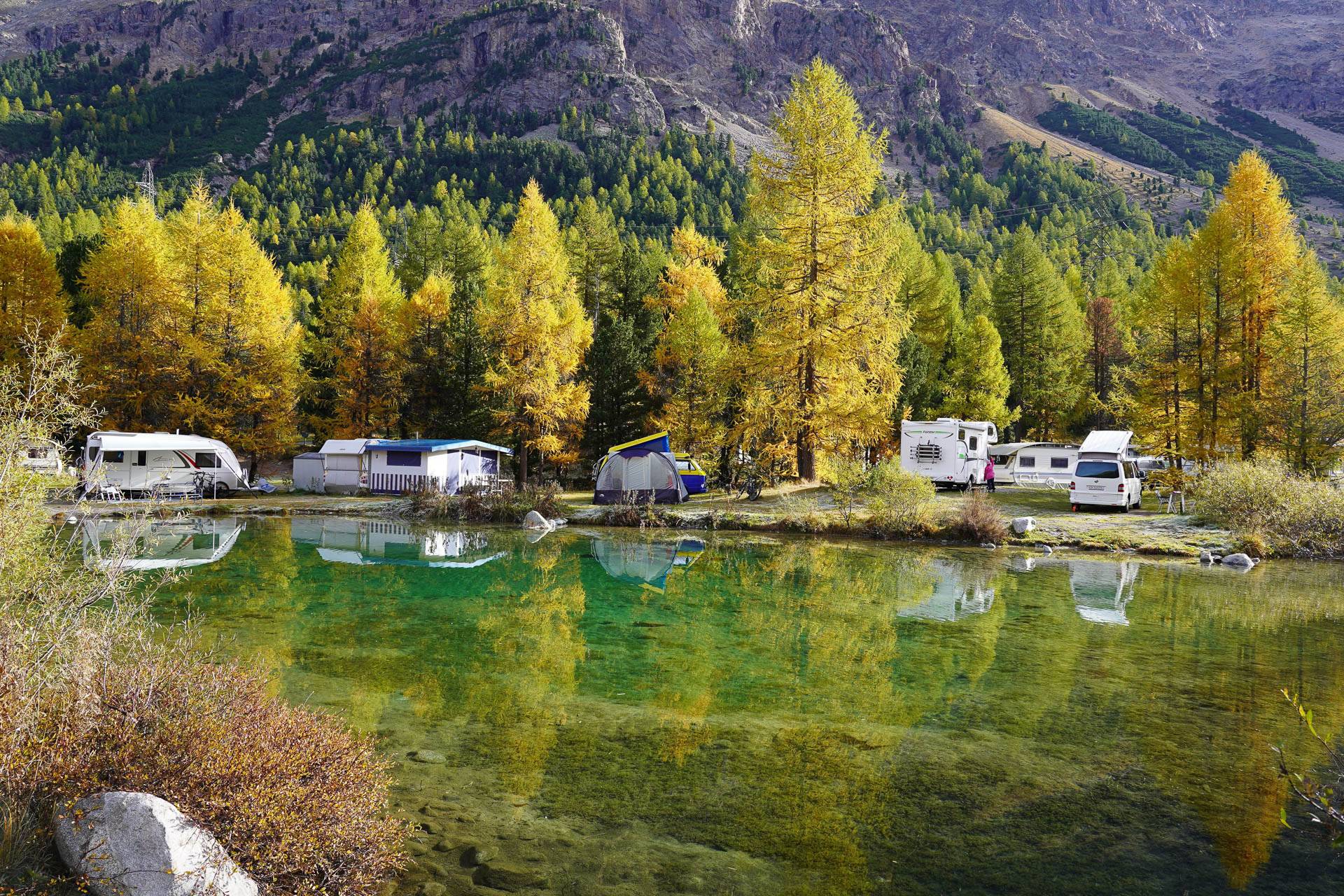 VW-Bus, Wohnmobile und Zelte an unserem Camping-Seeli